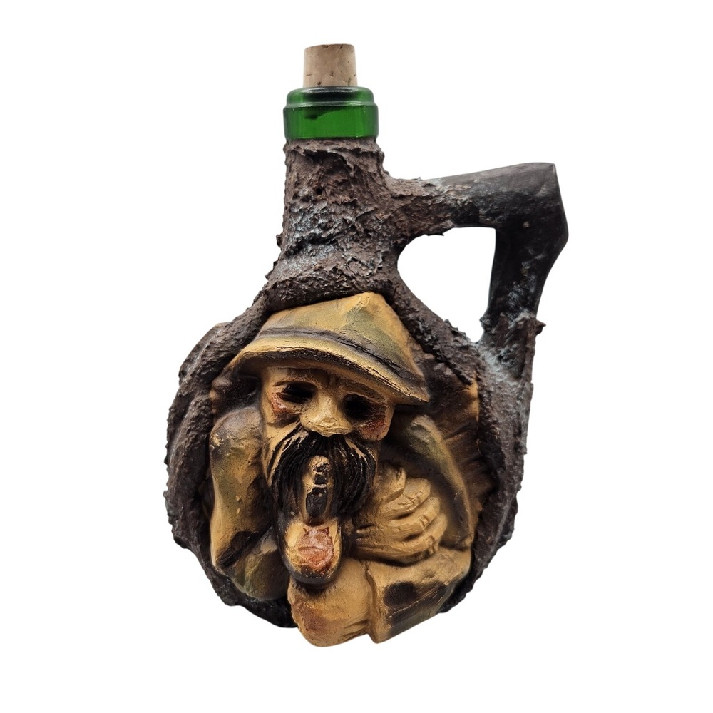 Old Man Carved Look Faux Tree Bark Resin Over Glass Rustic Decanter‎ No Stopper